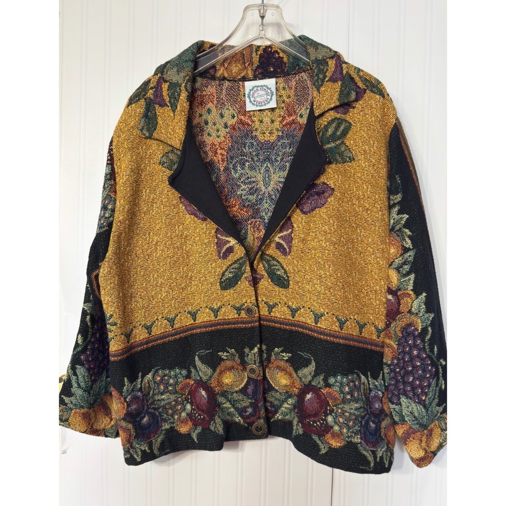 Sugar Street Weavers Tapestry Jacket Womens Fruit Floral Woven Button Front Gold